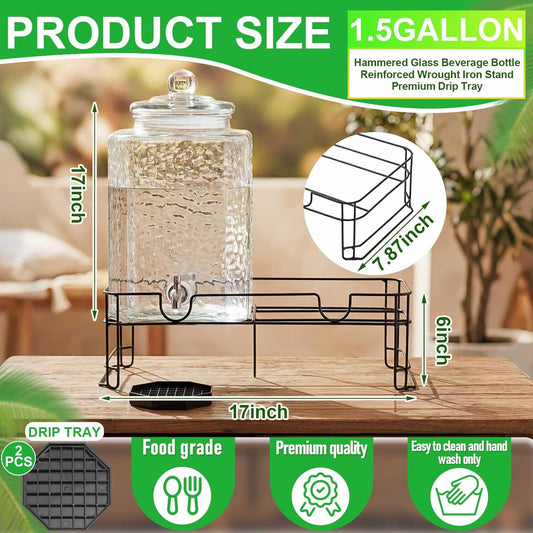 2 Pack 5 Gallon Drink Dispenser with Stand for Parties, Hammered Glass Beverage Dispensers, Stainless Steel Spigots and Drip Trays, Water Jar Jug for Lemonade, Juice, Tea and Party Drinks