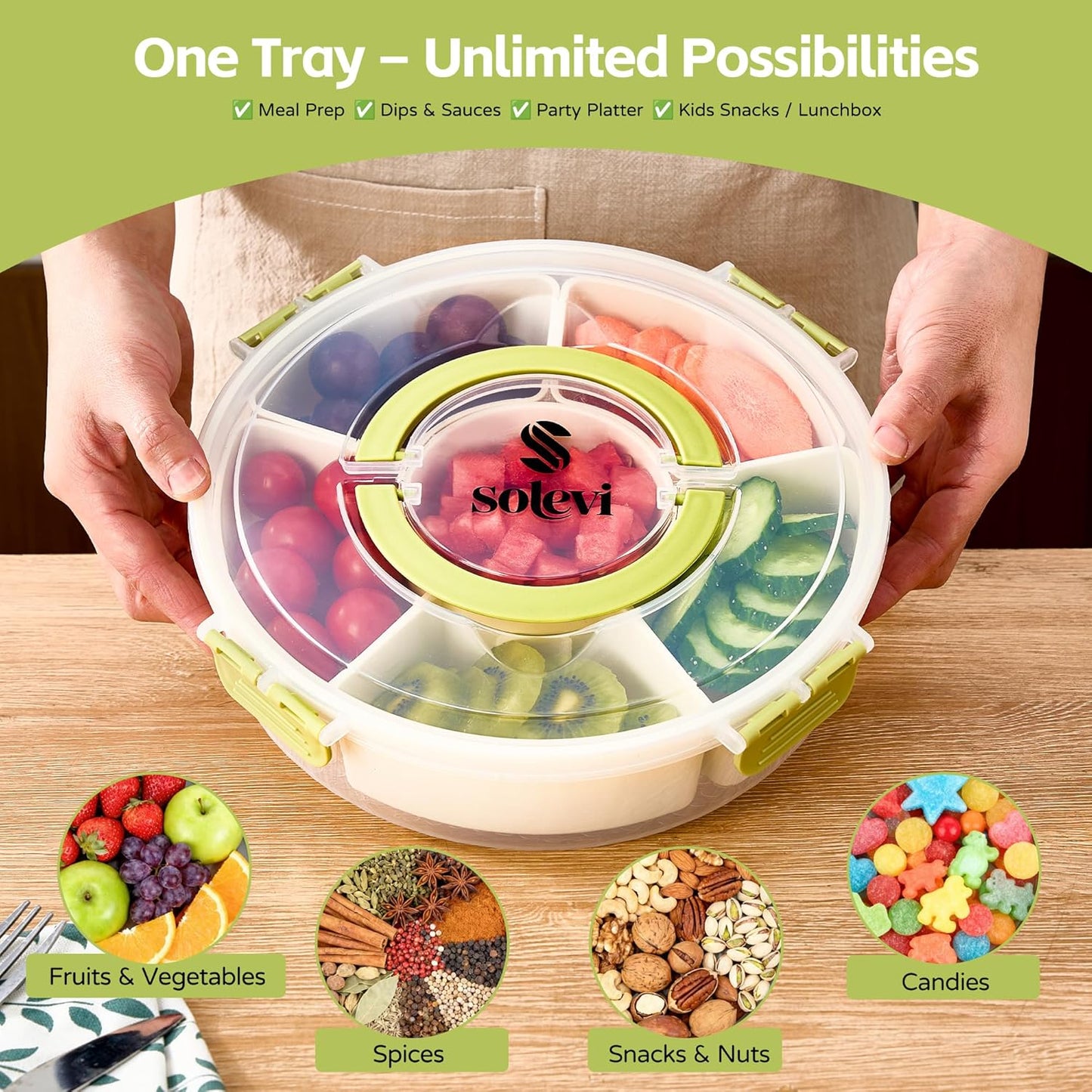 Divided Serving Tray with Lid – Snackle Box Container with Handle – Dishwasher & Microwave Safe – 6-Compartment Round Organizer for Fruits, Veggies, Candy & Nuts – Compact & Travel Friendly (10”)