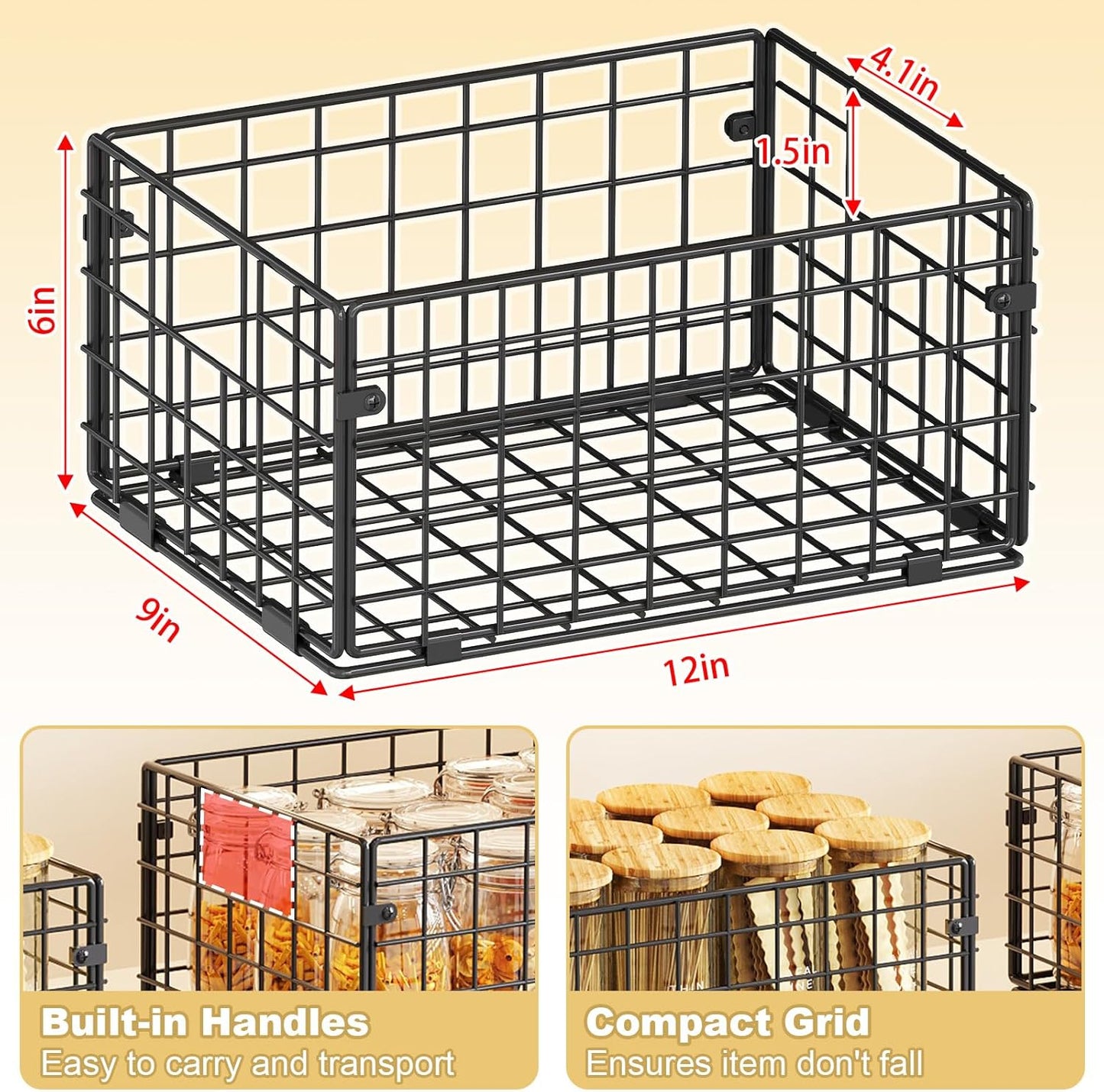 X-cosrack Metal Wire Basket Pantry Baskets Foldable Cabinet Organizers with Handles-6 Pack-12"x9"x6", Food Storage Freezer Organizer Bins for Kitchen Bathroom Laundry Closet Garage - Patent Design