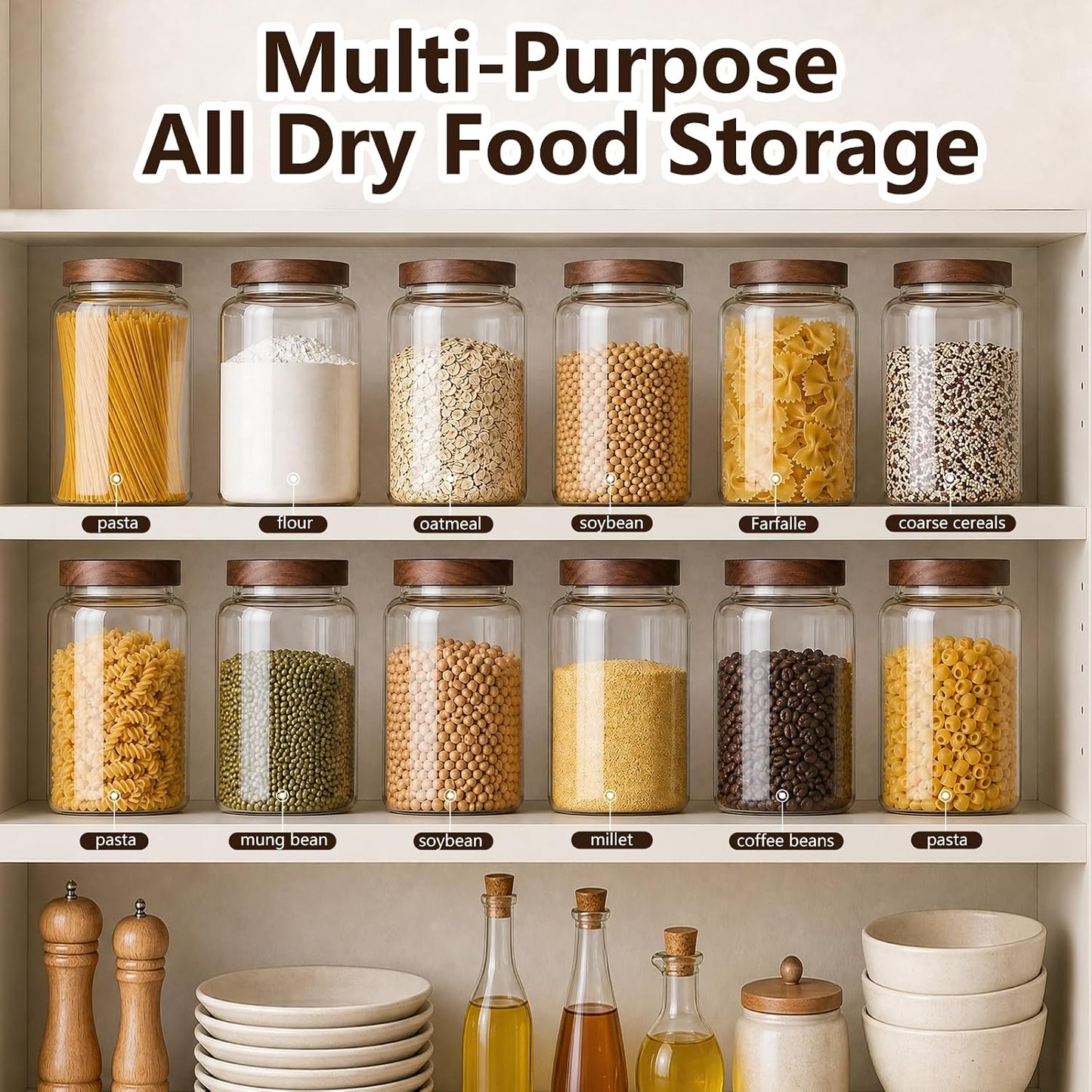Joypeace 2 Pack 1.2 Gallon Large Glass Jars with Airtight Screw-On Lids, 155 oz Food Storage Containers, Large Canisters for Flour, Rice, Sugar, and Dry Goods to Organize Your Kitchen Pantry