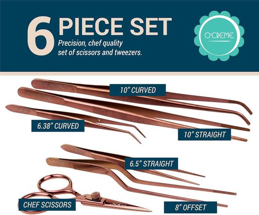 O'Creme Set of Culinary Tweezer Tongs Offset, Straight and Curved, Plus Super Sharp Chef Scissors, Total 6 Pieces (Rose Gold)
