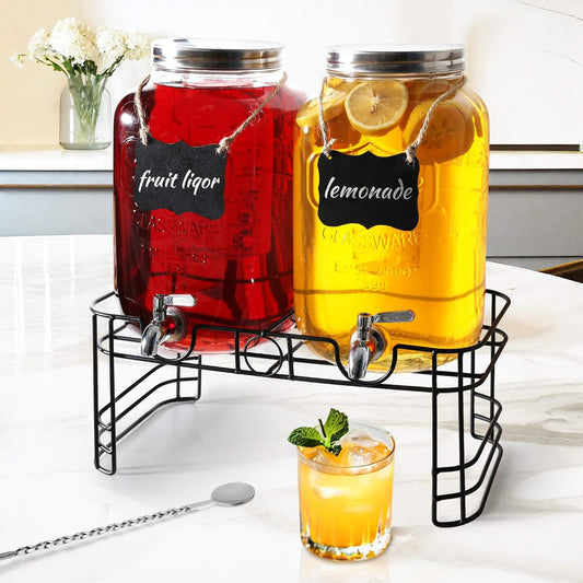 2 Gallon Drink Dispensers for Parties, 2 Pack Glass Beverage Dispenser with Stand & 18/8 Stainless Steel Spigot, Lemonade Jug for Wedding, Picnic, BBQ