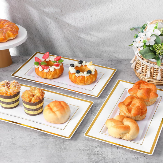 12 Pcs White and Gold Rim Plastic Serving Trays, Disposable Platters Rectangle Serving Trays and Platters for Food Fruit Dessert Cupcakes Cookies Appetizers Parties Holiday Weddings 13''x7.9''