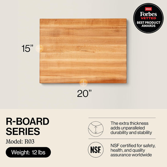 John Boos R-Board Series Rectangular Wooden Maple Cutting Board 20”x15” – 1.5” Thick, 12-lb Reversible Butcher Block with Edge-Grain & Finger Grips – Made in the USA