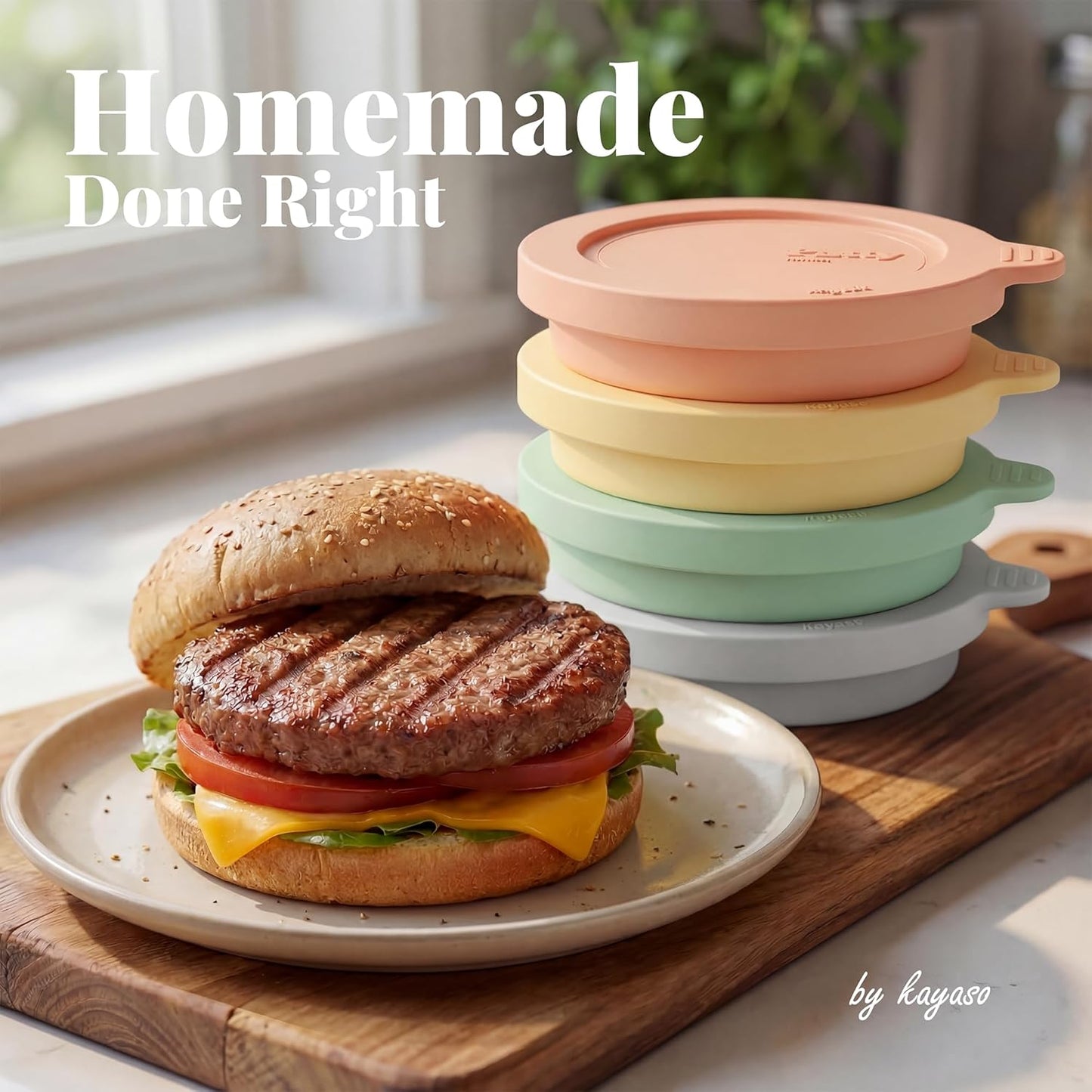 Silicone Burger Patty Mold Set with Lid, Nonstick Burger Press for 1/4 lb Patties, Food-Grade Patty Maker for Beef, Chicken & Veggie Burgers, Food Freezer Container, 4 Pack
