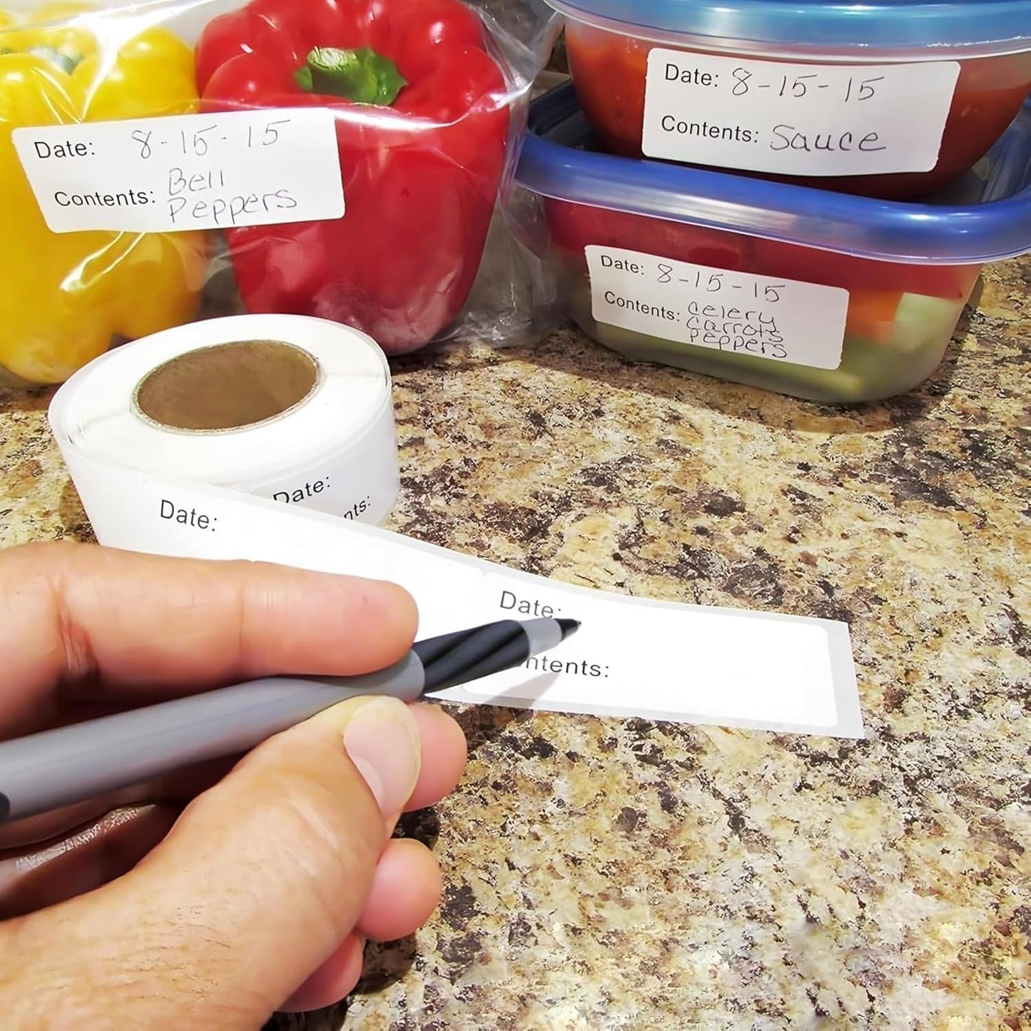 120PCS Removable Food Labels with Date & Contents Sections - Residue-Free, Easy-Clean Stickers for Kitchen, Freezer, Refrigerator & Storage Jars, Ideal for Pantry Organization