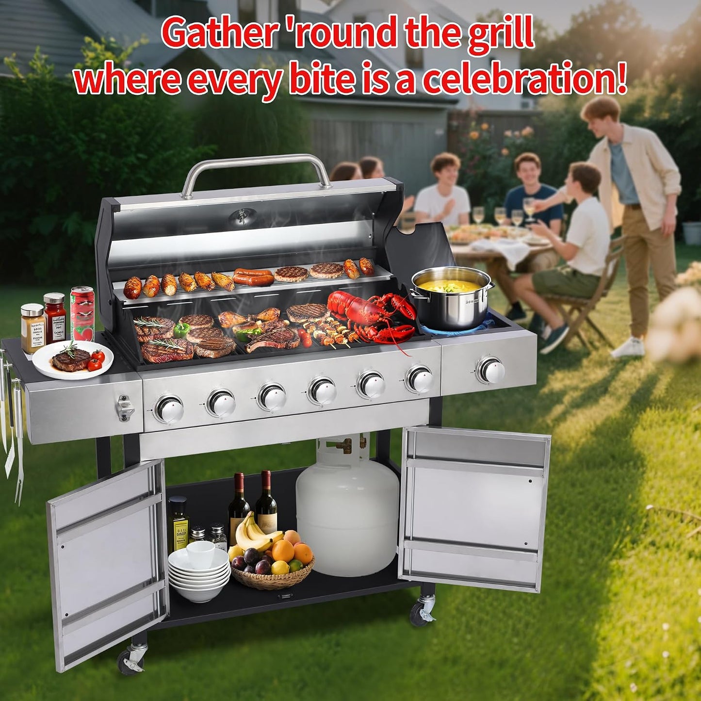 6-Burner BBQ Grill with Side Burner - 69,000 BTU Propane Gas Grill with Cast Iron Grate, Stainless Steel - 620 Sq. In. Cooking Area Cabinet Style Outdoor Grill for Barbecue & Backyard