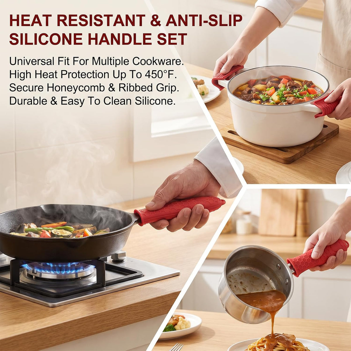 3 Pack Silicone Cast Iron Skillet Handle Cover, Heat Resistant Pan Grip