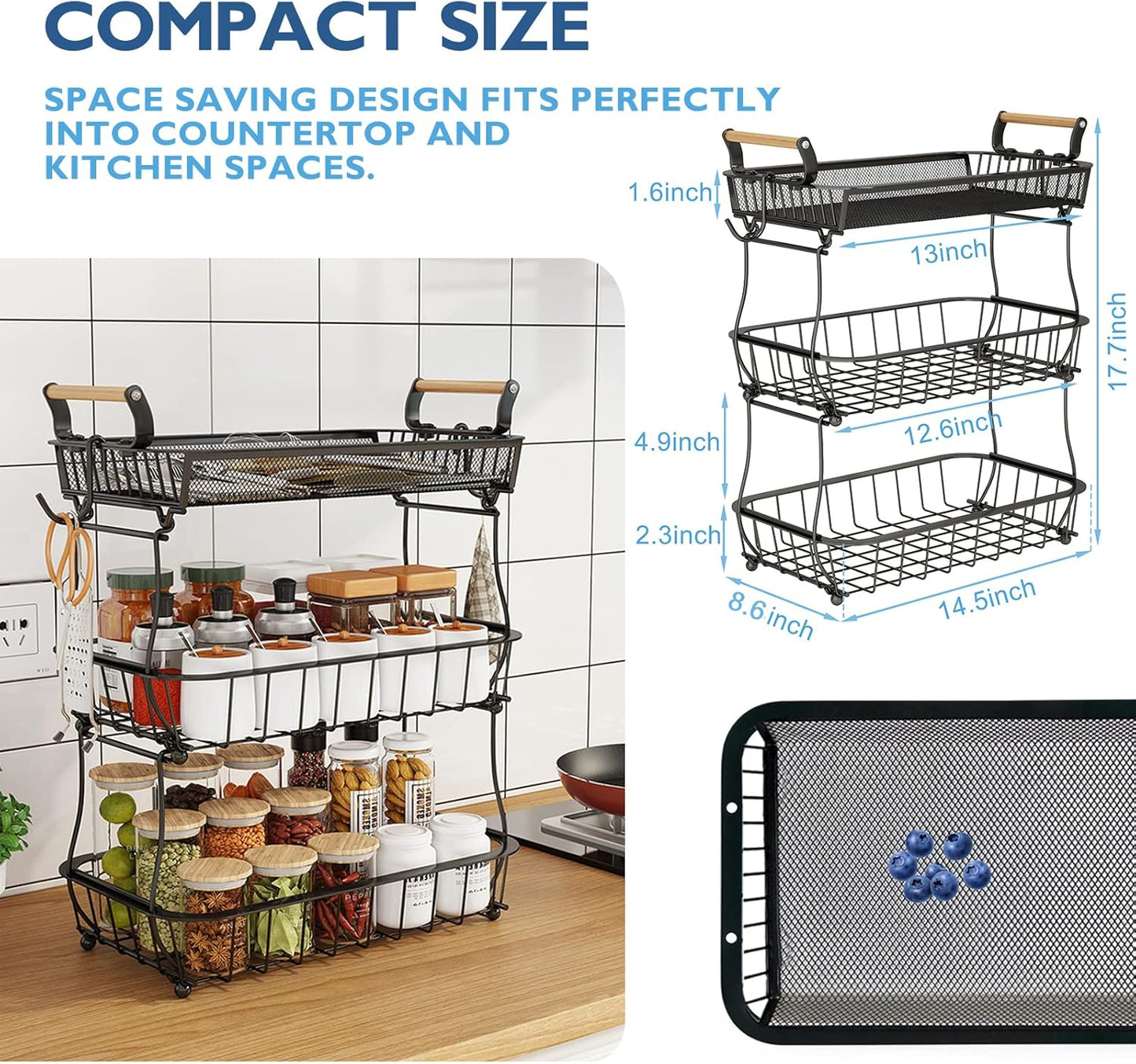 ANTOPY 2 Tier Fruit Basket with 2 Banana Hangers, Countertop Fruit Vegetable Basket Bowl for Kitchen Counter Metal Wire Fruits Storage Stand Holder Organizer for Bread Snack Veggies Produce