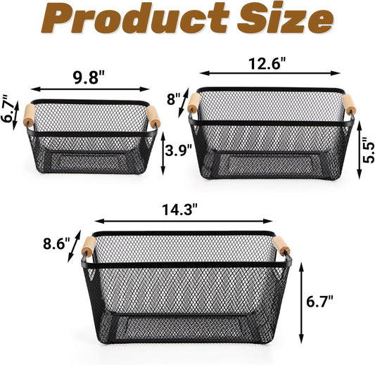 Noamus 3 Pack Metal Mesh Basket with Wooden Handle, Farmhouse Wire Steel Storage Bins, Rectangle Fruit Vegetable Organizer Containers for Home Cabinet Pantry Kitchen Decor, Snack Gift (Black, 3 Size)