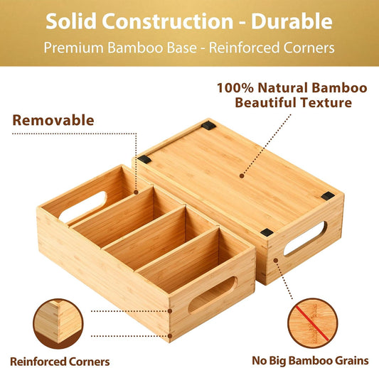Umilife Bamboo Pantry Organizers and Storage Bins with Removable Dividers, Kitchen Drawer Cabinet Countertop Organization for Snack, Spice Packets, Teabags, Seasoning Pouches (2 Pack)