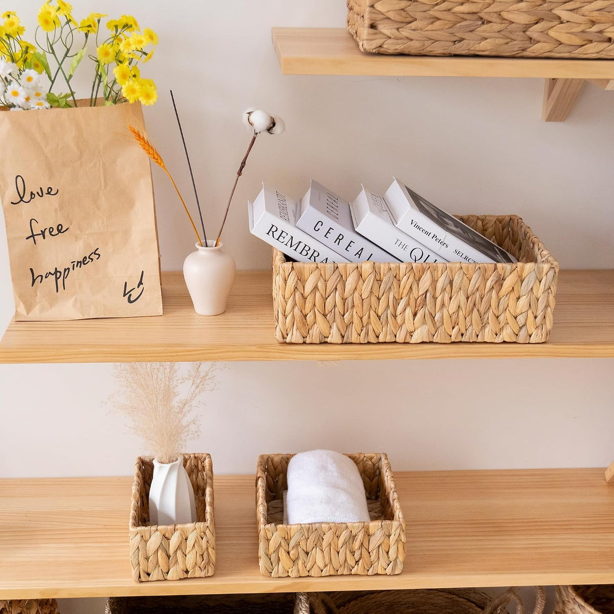 Natural Water Hyacinth Wicker Baskets Set of 3, Handwoven Nesting Organizer | for Pantry Shelves Bathroom and Bedroom Organization to Hold Towels or Books