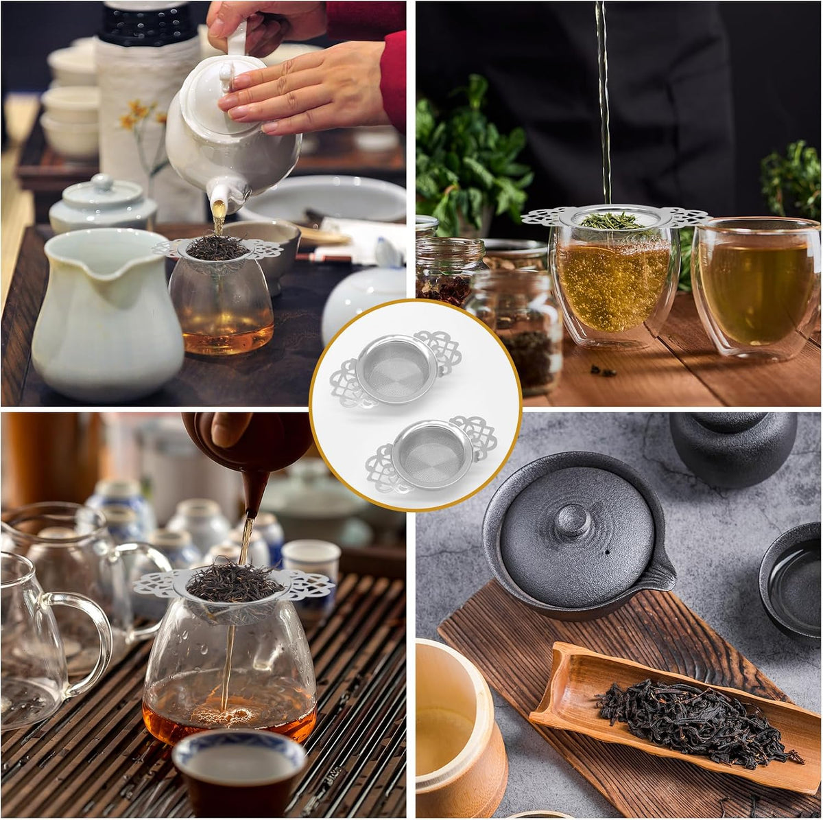Tea Strainers with Drip Bowls, Gold, 2 Pack