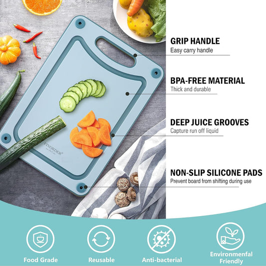 Finorder Set of 3 Sizes Cutting Board, Blue Double Side Non Slip Cutting Boards with Easy Grip Handle and Juice Grooves, BPA-Free Dishwasher Safe Reversible Chopping Board for Veggies Chopping Meat