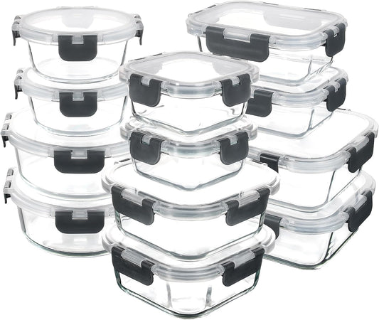 C CREST 12 Piece Meal Prep Glass Containers Set with Lids, Ideal for Food Storage and Freshness, Assorted Sizes and Shapes for Ultimate Organization