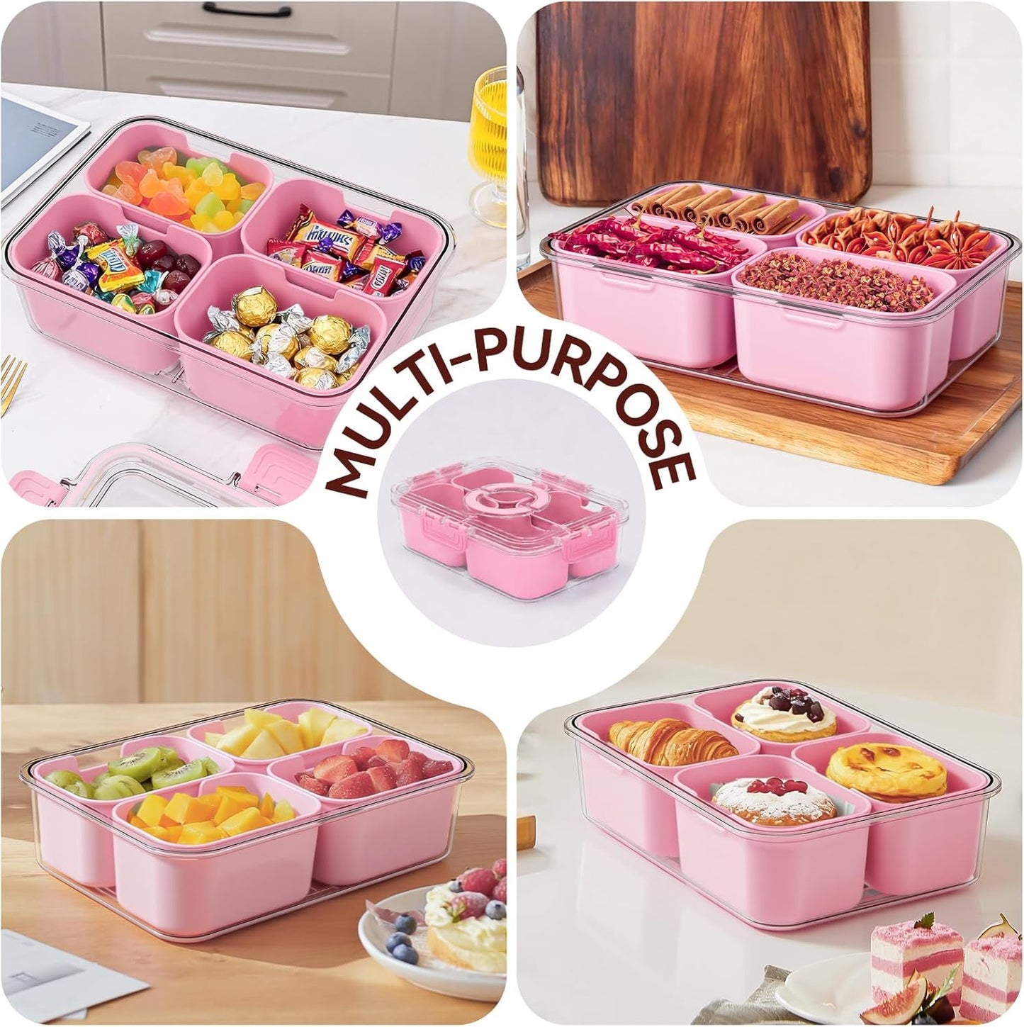 Snackle Box Container,2 Pack Divided Clear Snack Box Serving Tray with Lid and Handle,Charcuterie Board with Lid, Snack Organizer for Beach Picnic, Refrigerator Fresh, Party, Holidays and Travel