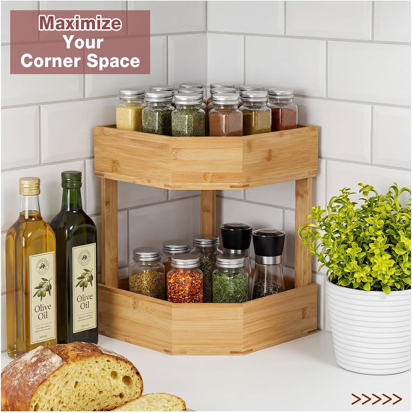 Yerliker 2 Tier Bamboo Corner Shelf Kitchen Fruit Cabinet Organizer Bamboo Corner Fruit Basket for Kitchen Countertop Rack Counter Pantry Storage for Vegetables Spice Plate (11 x 11 x 7.5 Inch)