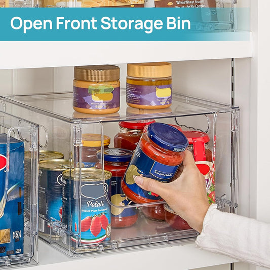 Vtopmart 2 Pack Large Foldable Open Front Storage Bins with Lids for Potato and Onion, Stackable Clear Plastic Container Organizer for Pantry, Kitchen, Cabinet, Bathroom, Closet Organization