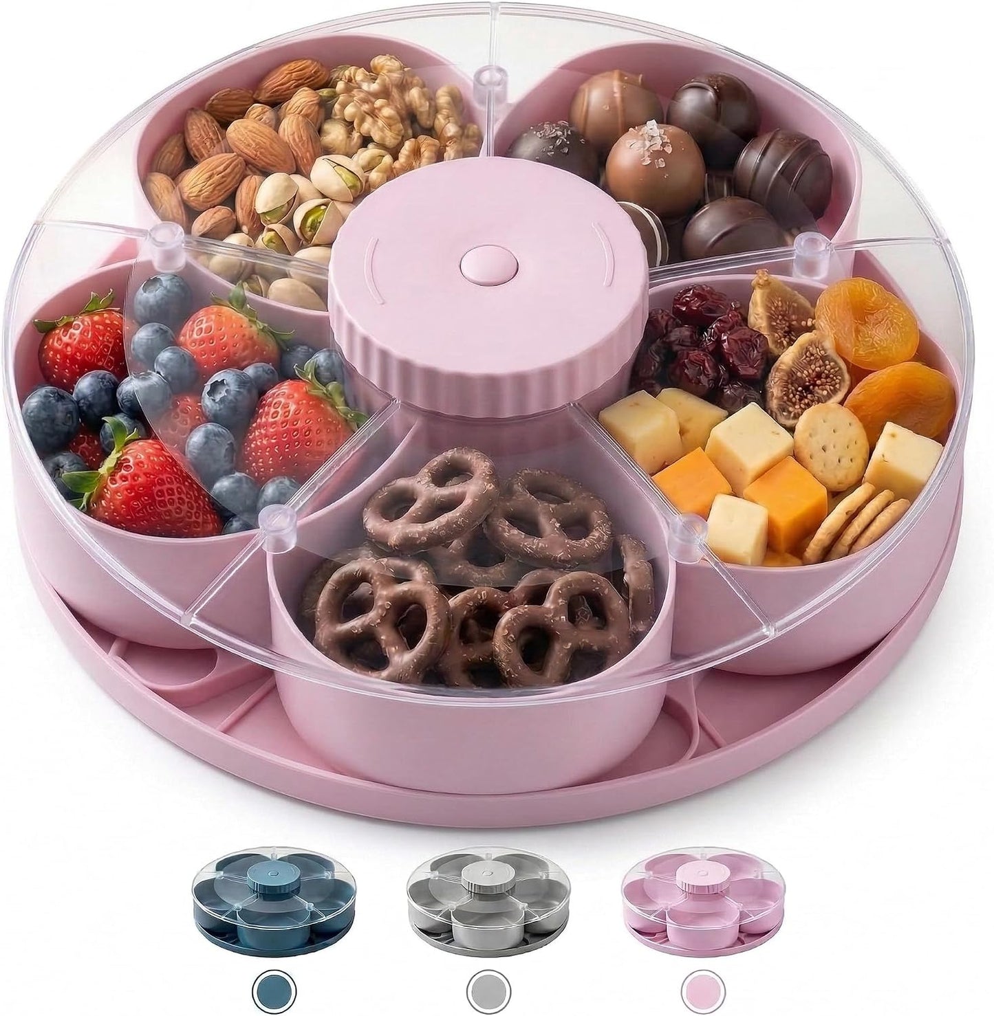 Multi-Compartment Rotating Snack Container with Clear Lid - Dust-Proof Divided Snack Tray for Parties & Picnics, Portable Lazy Susan Food Organizer, Covered Travel Snack Box (Blue)