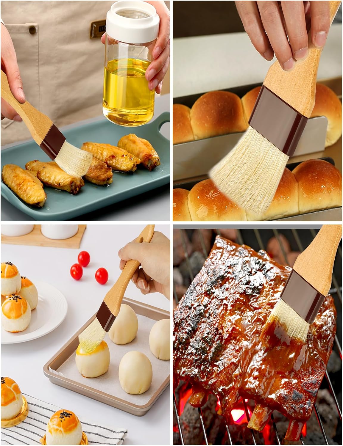 Natural Boar Bristle Pastry Brush,Heat Resistant Basting Brush for Cooking, BBQ, Baking, Food Grade Wooden Handle Oil Brush for Egg Wash, Butter,Marinade, Sauce, Dishwasher Safe(1",1.5",3PC)