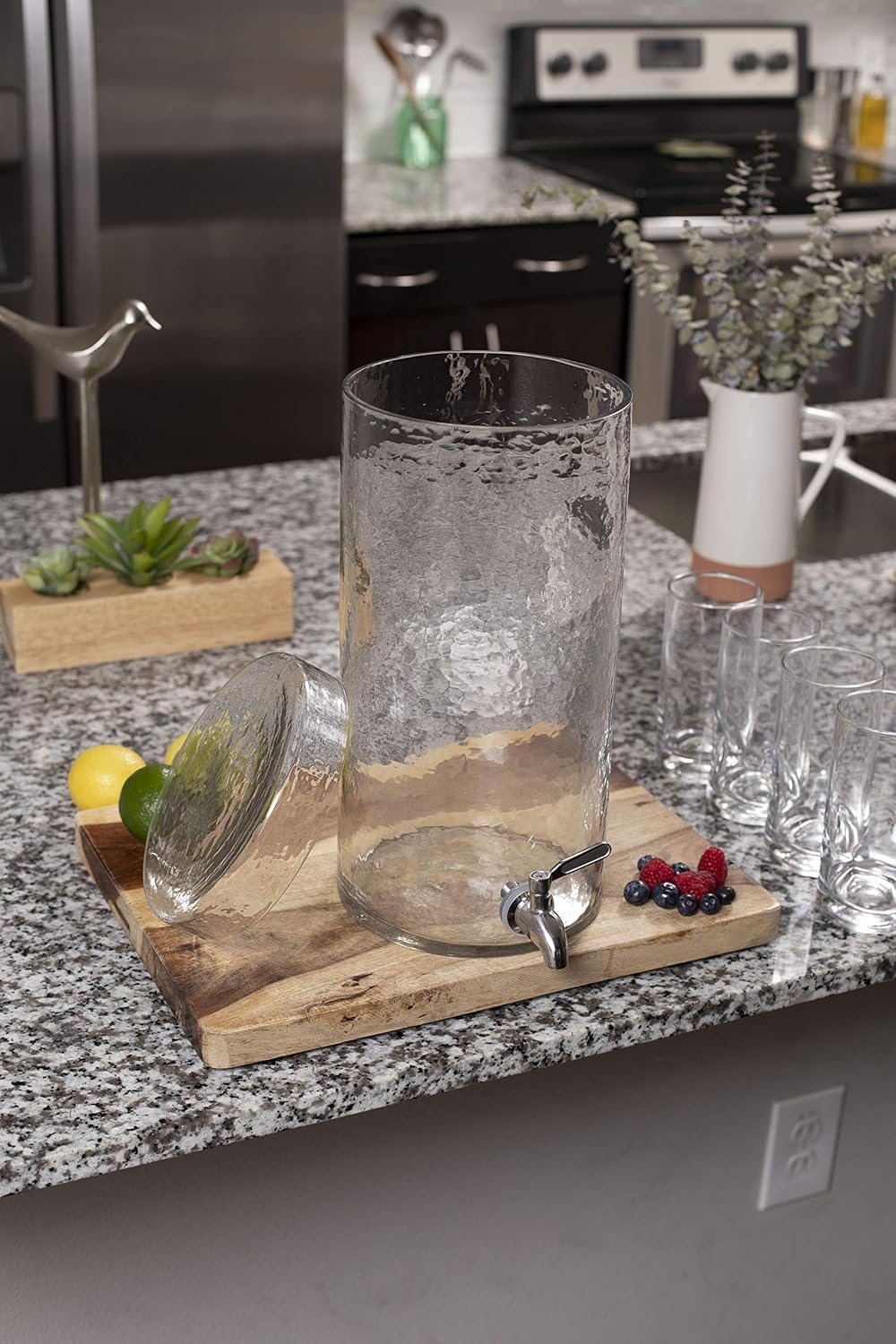BIRDROCK HOME Beverage Dispenser with Stand & Stainless Steel Spigot - Hammered Glass Drink Dispenser for Parties Home & Events - Ideal for Serving Tea, Lemonade, Juice, Sangria, Cocktail - 1.5 Gallon