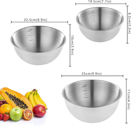 Stainless Steel Mixing Bowls Set of 3,Nesting Metal Prep Bowls with Interior Measurement Marks for Baking, Cooking & Food Storage - Space Saving, Rust-Proof & Dishwasher Safe