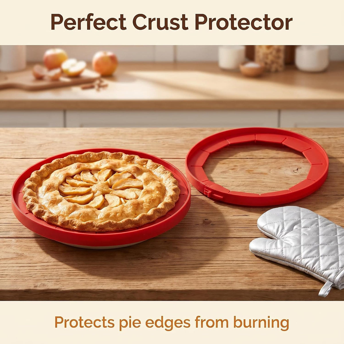 Silicone Pie Crust Shields (2-Pack), Adjustable Pie Protectors,2-Pack Adjustable Silicone Pie Crust Shield, Reusable Pie Crust Protector with insulated gloves, Pie Shield Pink.