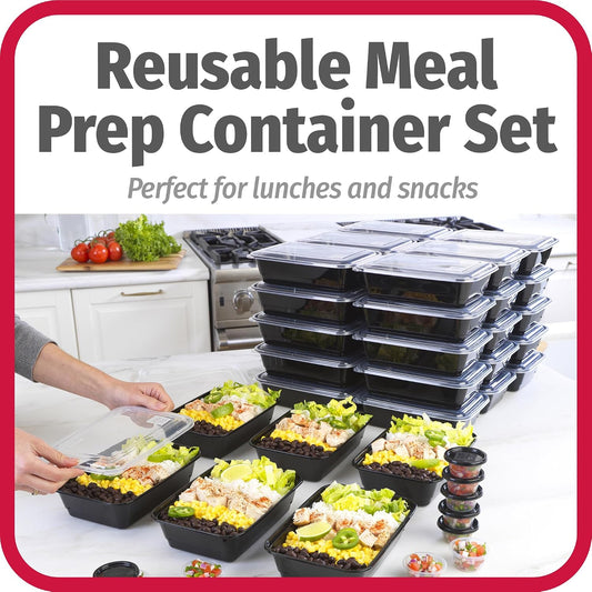 GoodCook Everyday Meal Prep 1‑Compartment Set with 50 Containers + 10 condiment cups with lids, made without BPA, Black