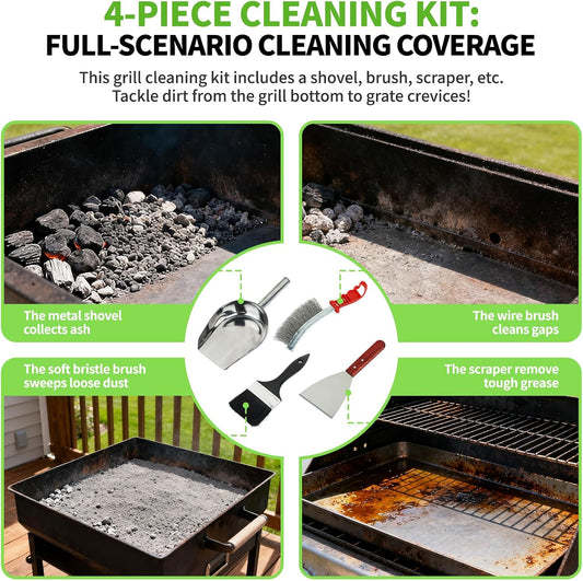 Grill Ash Cleaning Pellet 4-Piece Kit(Metal Material Durability) Includes Wire Brush,Ash Shovel,Bristle Brush,Angled Shovel,Effortlessly Removes Stubborn Grime & Collects Ash Debris