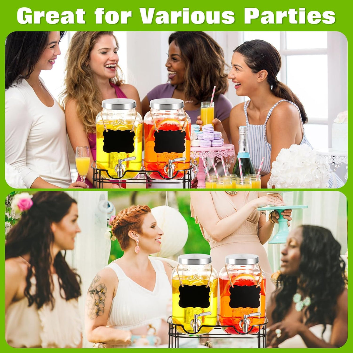 Drink Dispenser,2PACK Glass Drink Dispensers for Parties,1 Gallon Beverage Dispenser with Stand, Stainless Steel Spigot Leak proof,Come with Ice Cylinder,Fruit Tube and 2 Rubber Mats