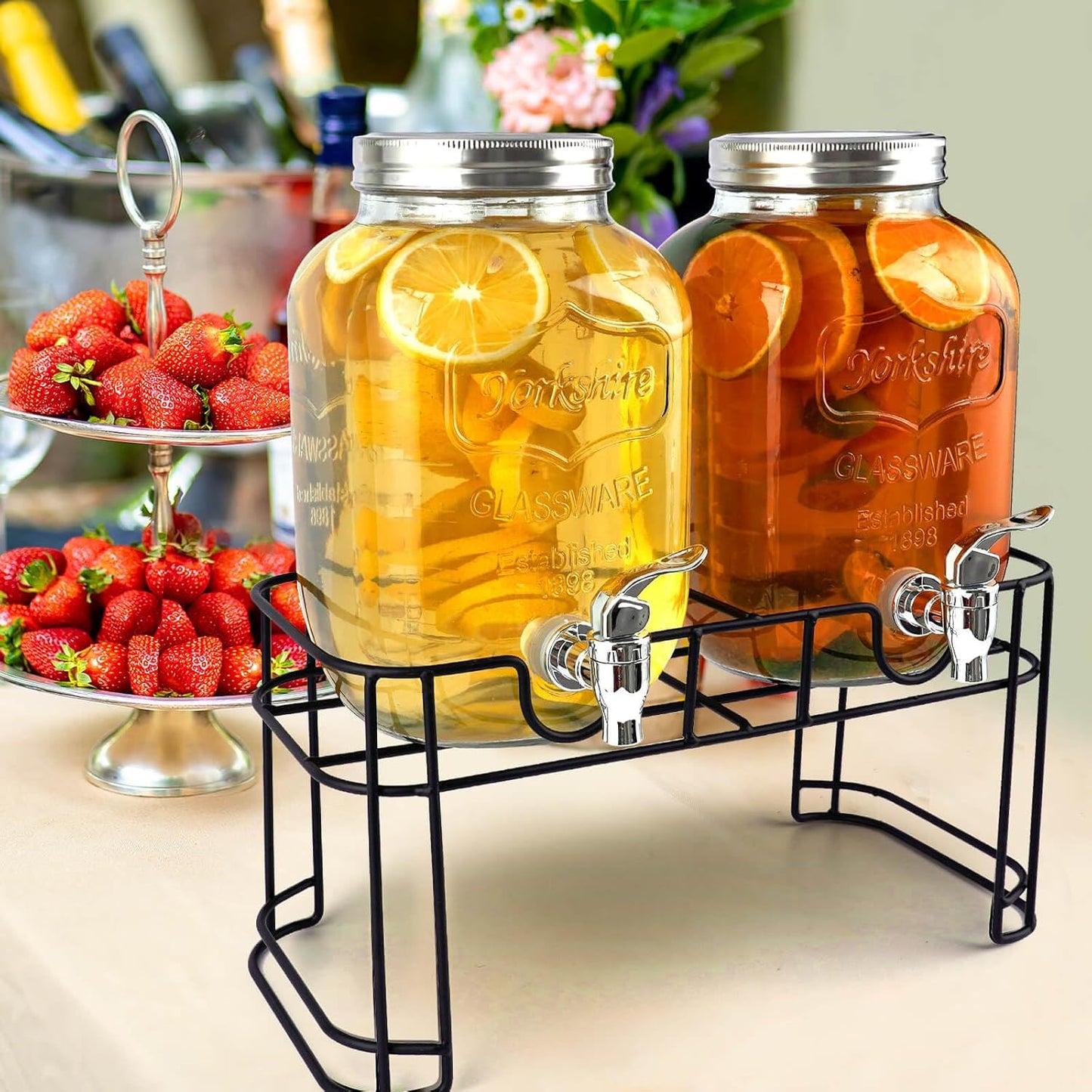 2 Gallon Drink Dispenser with 18/8 Stainless Steel Spigot, Sun Tea Glass Mason Jar for Outside, Iced Lemonade Beverage Dispenser with Fruit Infuser, Large Water Juice Jug, Punch Dispenser for Parties