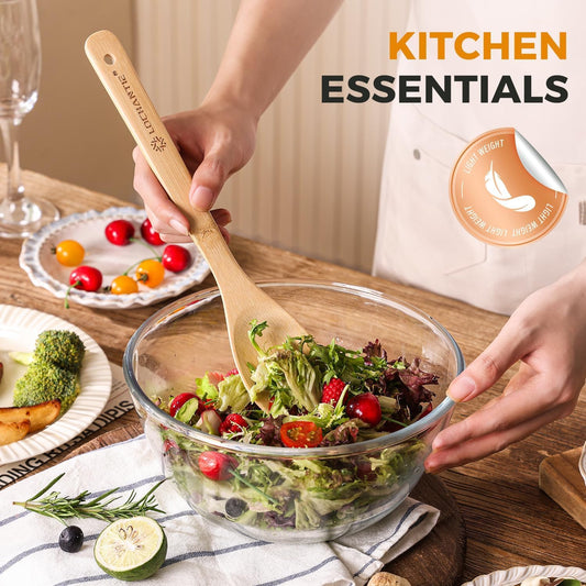 Wooden Spoons for Cooking Bamboo Utensils Set (6 Pieces) - Essential Tools Wooden Spoons & Spatula for Everyday Stirring, Mixing, Flipping & Serving, Gentle on Nonstick Cookware