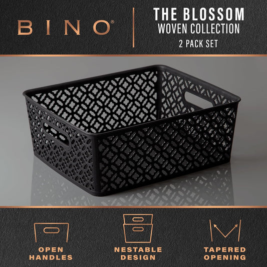 BINO l Plastic Storage Baskets, Large - Grey l THE BLOSSOM COLLECTION l Multi-Use Organizer Bin l Built-in Handles l Plastic Woven Basket for Organizing l Pantry & Home Organizing Basket