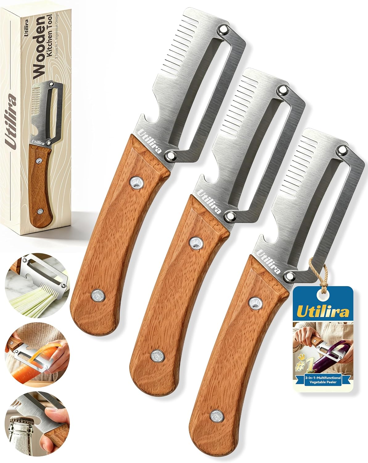 Shredder - 3-in-1 Multifunctional Vegetable Peeler with Bottle Opener & Julienne Shredder, Wide Stainless Steel Blade and Non-slip Wooden Handle, Peeler Knife for Fruits, Vegetables (1pcs)