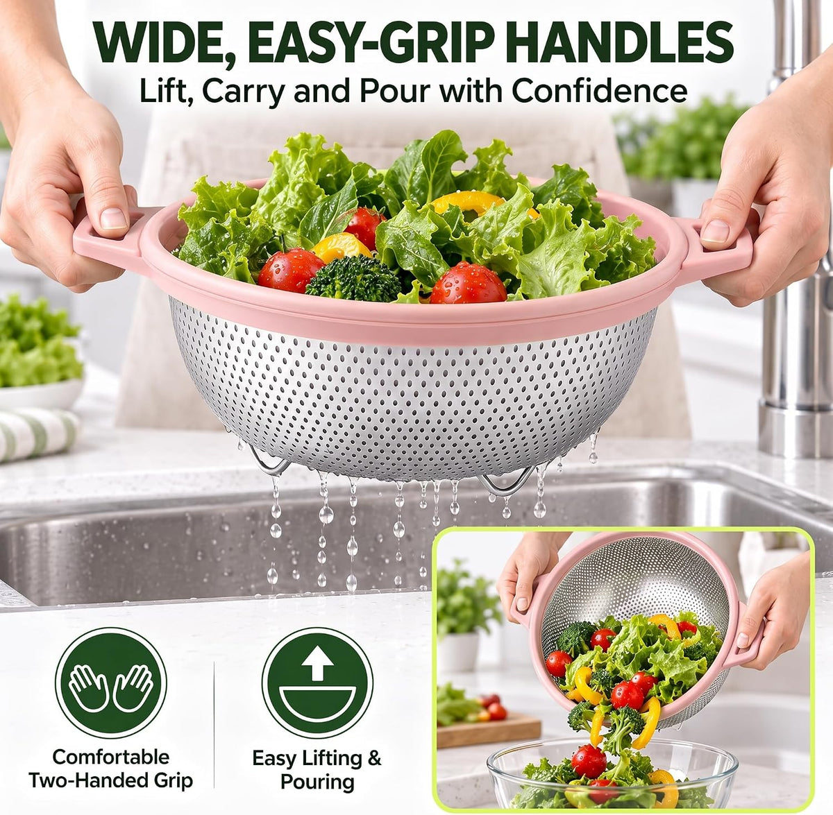 HiramWare Stainless Steel Colander with Handle and Legs, 5 Qt, Green