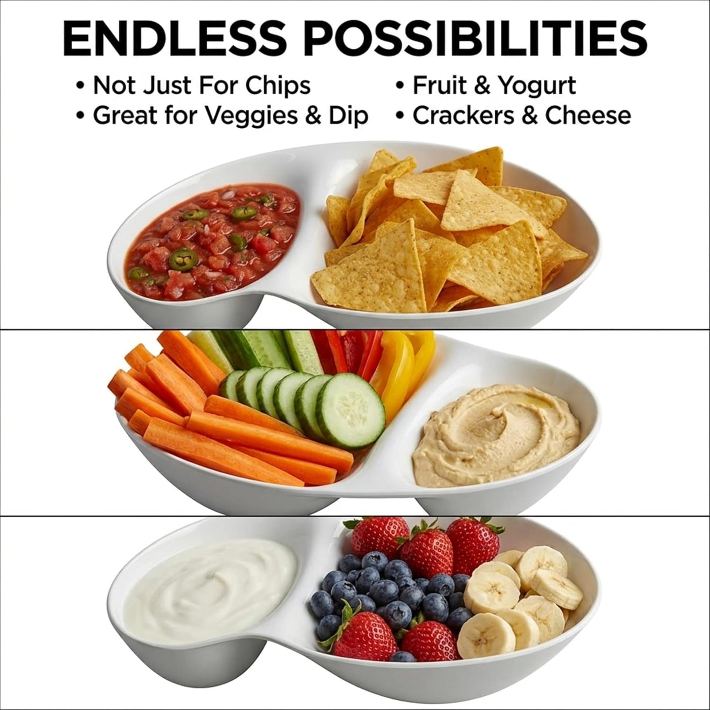 chip and dip bowl Chip and Dip Serving Set Melamine Tray Divided Platters (White)
