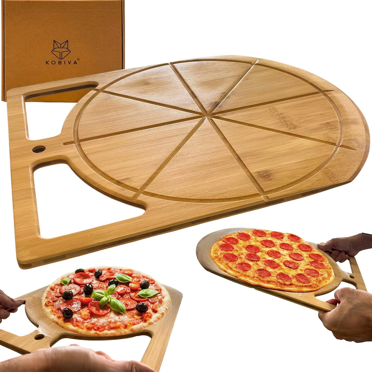 Pizza Cutting Board & Pizza Cutter, 14" Pizza Board | Gift Pizza Set, Best Pizza Cutter Rocker Blade, Bamboo Pizza Cutting Board, Pizza Slicer, Pizza Serving Board,Pizza Rocker Knife For Cutting Pizza