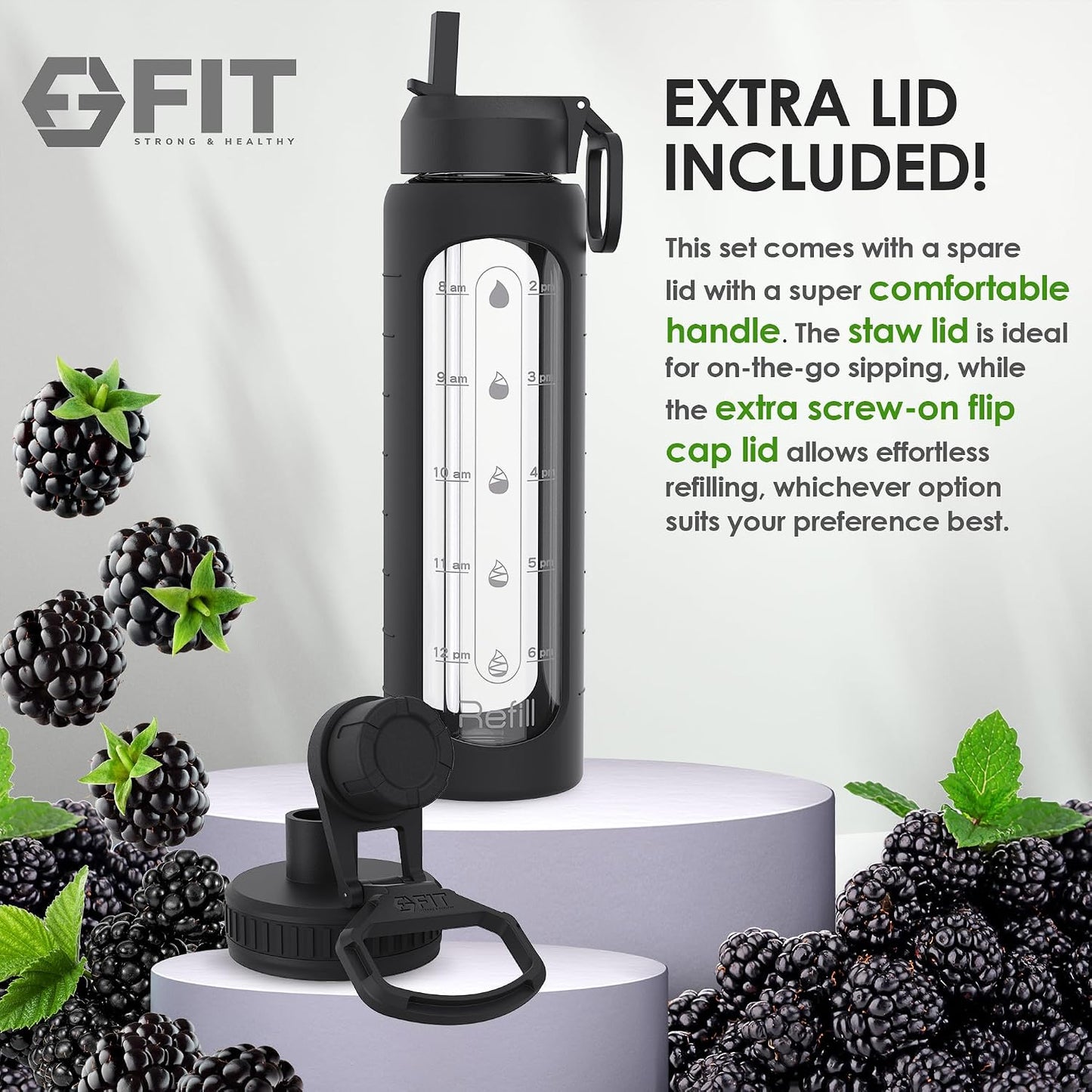 FIT Strong & Healthy 1, 2 & 3 Compartment Glass Meal Prep Containers with BLACK Lids (3 Pack, 35 oz) and 32 oz Glass Water Bottle with Straw Lid, Time Marker, Sleeve & Extra Lid Bundle