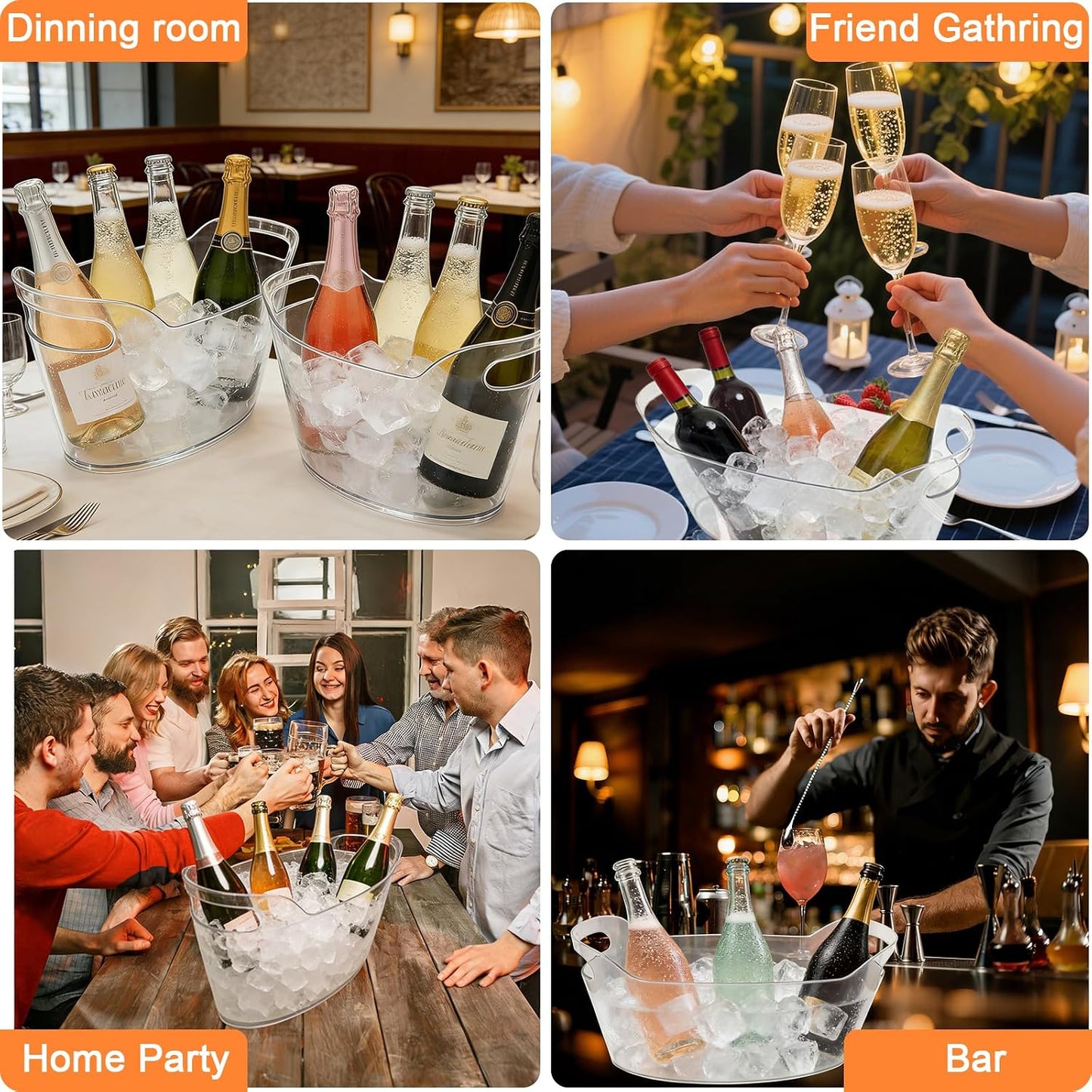 13L Ice Bucket for Parties 2 Pack,Large Clear Drink Cooler with Scoop & Handle,Drink Bucket for Champagne Wine,Beer,Plastic Beverage Tub for Mimosa & Cocktail Bar,Wedding & Party Hosting & Serving