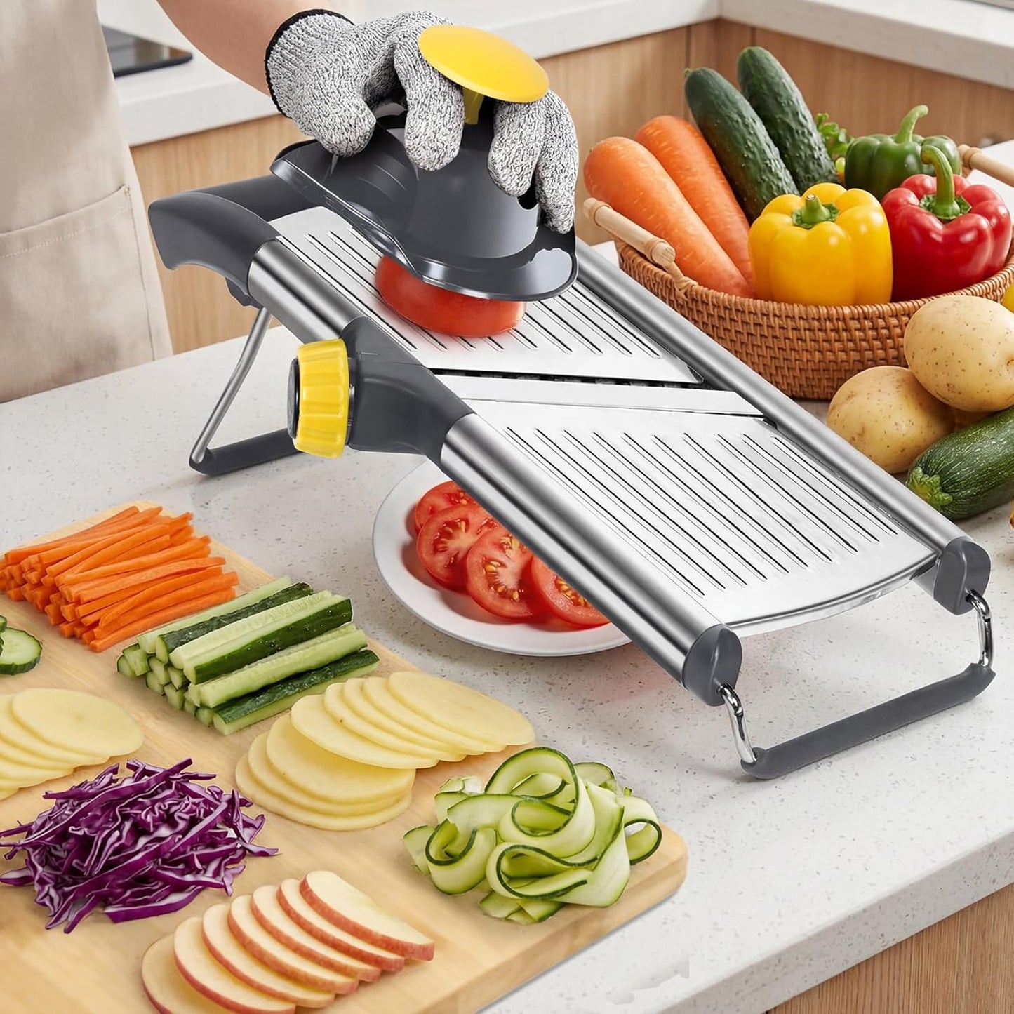 Masthome Adjustable Mandoline Slicer, Thin to 9mm Slice, 4.5mm & 9mm Julienne - Vegetable Cutter for Potato Carrot Onion - Stainless Steel - with Glove & Brush (Red)