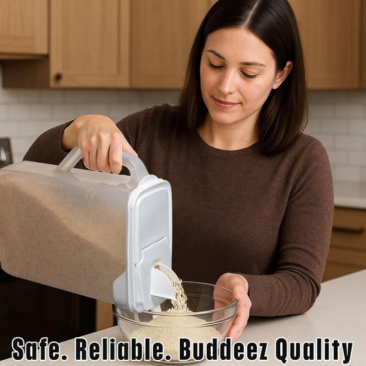 Buddeez Bulk Food Storage Container - 8 Quart All Purpose Clear & Large Pantry and Kitchen Organization and Storage - Cereal, Flour, Sugar, Rice Dispenser, EZ Grip Handle, EZ Pour Spout (White Lid)