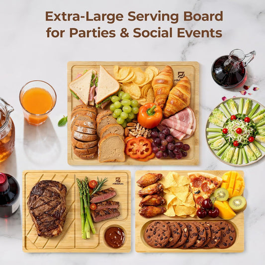 Cutting Boards Large Set of 7, Acacia Wood Charcuterie Chopping Board for Kitchen with Holder Non Slip Feet, Plastic Serving Board Mats, Juice Groove, Reversible Butcher Block for Meat Cheese Bread