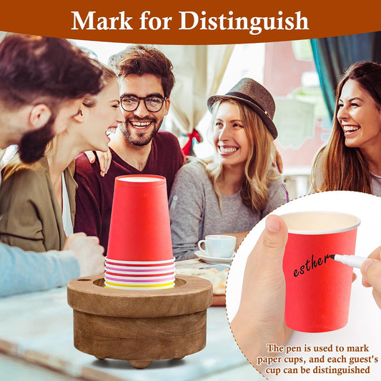 Wooden Cup Holder with Marker Slot, Wood Disposable Party Cup Dispenser for Mark Drink Party Decoration