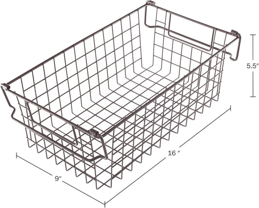 Home-Complete 2 pcs Medium Stackable Wire Baskets, 16"x12" Organizer Stacking Storage Bins for Shelf, Pantry, Kitchen, Cabinets, can also be used in Chest Freezers (Brown)