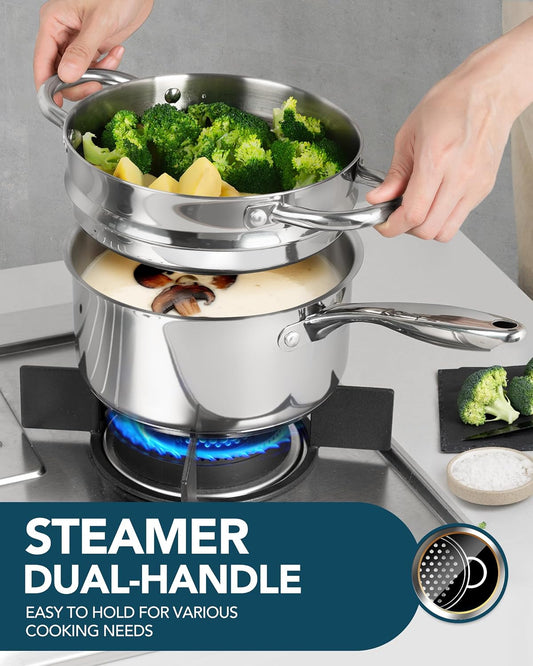 MICHELANGELO 1.5 Quart Saucepan with Steamer, Stainless Steel Saucepan with Lid, Triply Bottom Induction Compatible, Multipurpose Sauce Pot, Dishwasher Safe