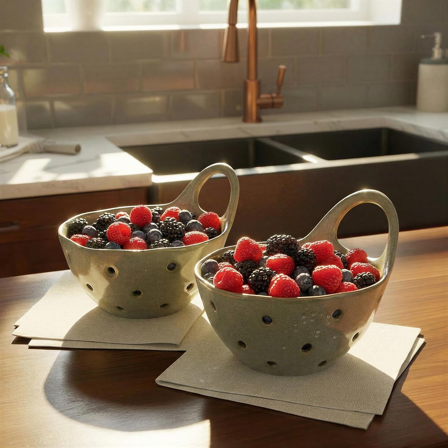 Creative Co-Op Stoneware Colanders with Handles, Set of 2