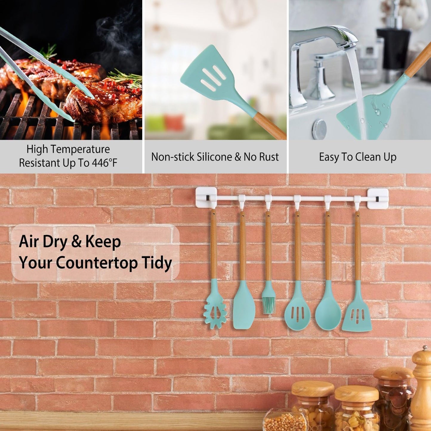 11 Piece Silicone Kitchen Utensil Set with Holder Heat Resistant Non Stick Cooking Tools with Wooden Handles Spatula Spoon Pasta Server Tongs Whisk Brush Black (Mint Green)