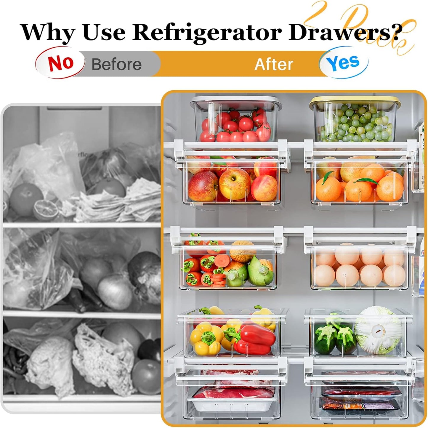 SNSLXH 2 Pack Refrigerator Drawer Organizer, Pull Out Shelf Storage Transparent Organizer for Egg, Fruit, Vegetable, Seafood, Meat, Fit All Fridge Shelves Under 0.6''