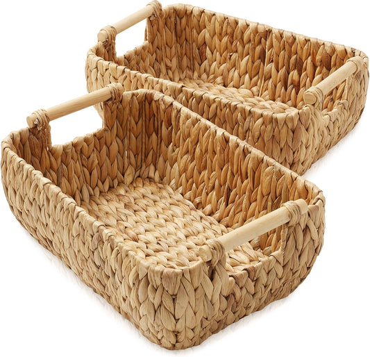 Casafield Set of 2 Water Hyacinth Oval Storage Baskets with Wooden Handles - Medium, Woven Bin Organizers
