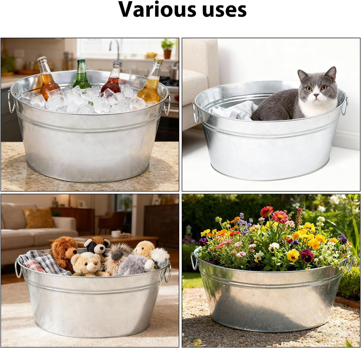 2 PCS 15.3 x 11.7 inch Oval Galvanized Tub with Handles, 3.5 Gallon Metal Ice Bucket, Large Metal Drink Buckets for Wine, Cocktails, Parties, Outdoor Beer Ice Tub